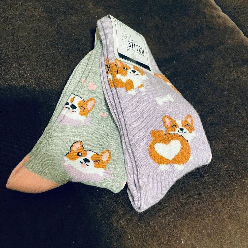 2 Pairs Sock It To Me Socks Corgi Dog Puppy Socks Lavender Grey new with tags